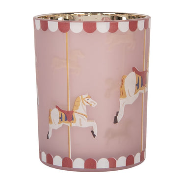 Portacandela in vetro rosa con cavallo carosello e dettagli dorati