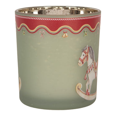Set portacandele in vetro verde in due misure con decoro cavallo natalizio