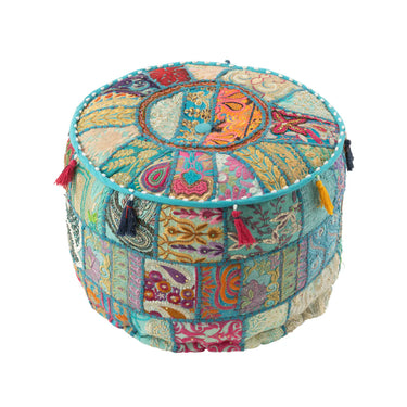 Pouf Rotondo Ricamato con Nappine Stile Etnico Sfoderabile Ø 40 cm