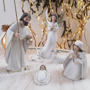 Presepe Natività 10 Personaggi in Ceramica Bianca e Oro - Clarus - Viron.it