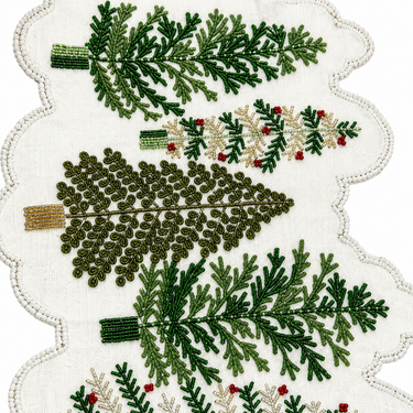Runner decorativo da 90 cm con ricamo di alberi verdi, rami innevati e bacche rosse in perline