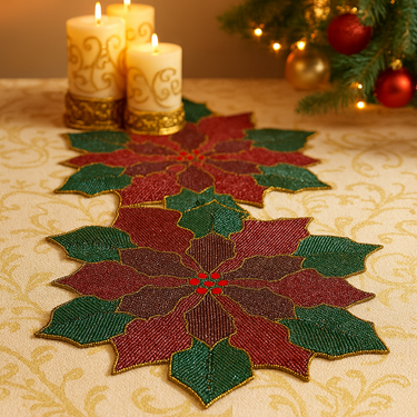 Runner Stella di Natale 33x95 cm in Cotone e Perline Rosso e Verde - Viron