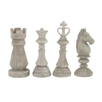 Set 4 Pezzi Scacchi Decorativi Torre Cavallo Re e Regina Colore Grigio h 23 cm