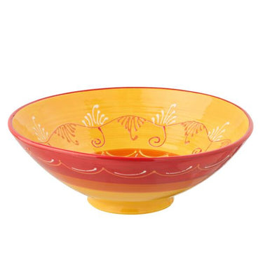 Ciotola in ceramica smaltata gialla e rossa con decorazioni floreali stile mediterraneo