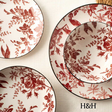 Set 6 Piatti Piani in Porcellana Ø 27 cm Motivo Floreale Rosso Elizabeth – H&H