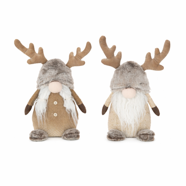 Set 2 Gnomi Natalizi Renna Decorativi in Tessuto Marrone e Grigio H 35 cm
