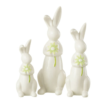 Set 3 Conigli Pasquali in Porcellana Colore Bianco con Fiore Verde