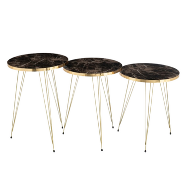 Set 3 Tavolini con Struttura in Metallo Oro e Piano Effetto Marmo Nero e Bianco