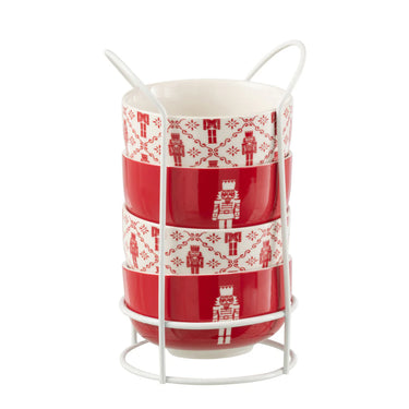 Set 4 Ciotole Natalizie Colazione in Ceramica con Supporto in Metallo