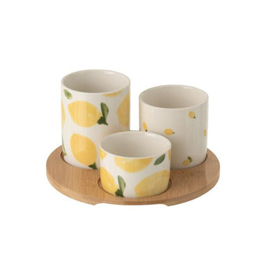 Set aperitivo in ceramica con decorazione limoni e base in legno