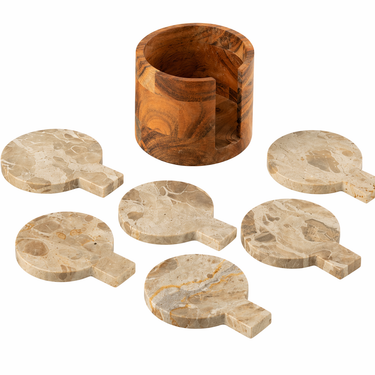 Sottobicchieri rotondi in marmo chiaro con contenitore cilindrico in legno