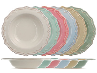 Servizio piatti colorati nelle tonalità rosa, azzurro, verde salvia, beige e tortora.


