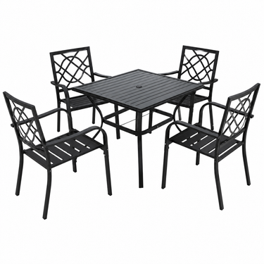 Set pranzo outdoor in acciaio verniciato nero con sedie a braccioli
