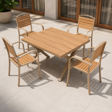 Set da pranzo outdoor con tavolo rettangolare e quattro sedie in alluminio effetto legno