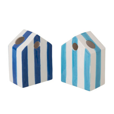 Coppia di vasi in ceramica bianca con righe blu e azzurre design moderno