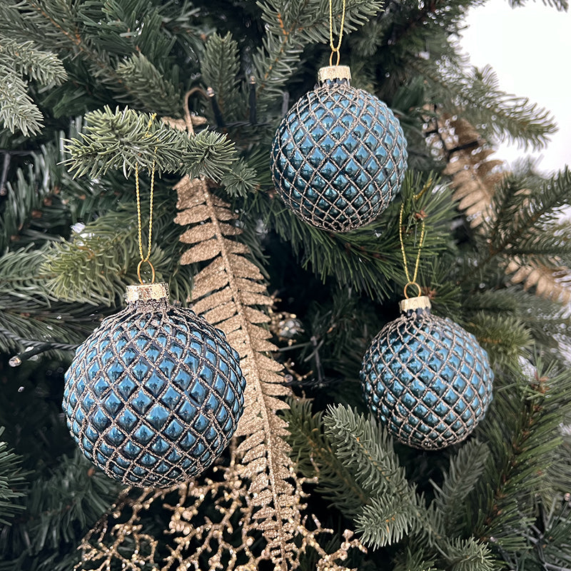 Set 12 Palle per Albero di Natale in Vetro Blu con Decorazioni Glitter ed Argento - Viron.it