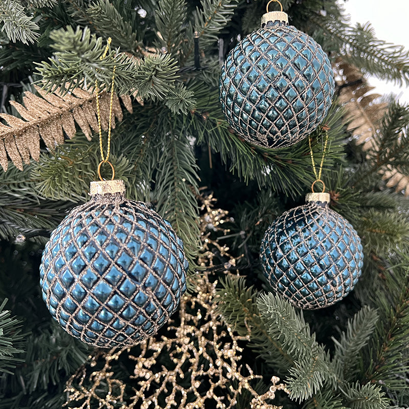 Set 12 Palle per Albero di Natale in Vetro Blu con Decorazioni Glitter ed Argento - Viron.it