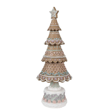 Statuetta albero di Natale gingerbread marrone con decori rosa e azzurri