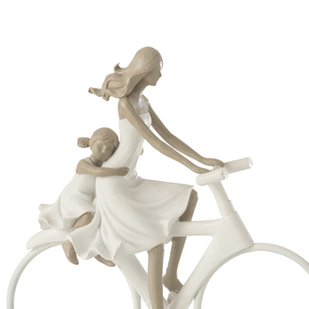 Statuetta Decorativa Mamma e Figlia in Bicicletta Colore Bianco e Grigio