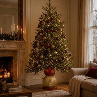 Supporto per albero di Natale con sfere rosse e oro in ambiente natalizio raffinato.