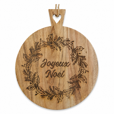 Tagliere in legno con incisione Joyeux Noël e ghirlanda natalizia