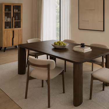 Tavolo da pranzo minimal in legno scuro con struttura solida e design contemporaneo