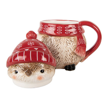 Tazza con coperchio decorata con gufo in stile natalizio