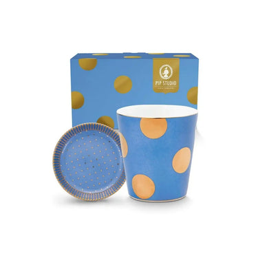 Mug 290 ml in Porcellana Azzurro e Oro con Piattino Dot Delight - Pip Studio