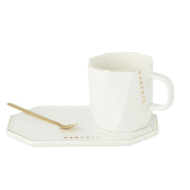 Tazza in Ceramica con Piattino Bianco e Cucchiaino Oro