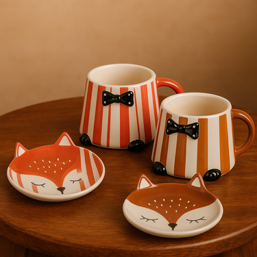 Tazza Mug Volpe in Ceramica con Piattino Colore Marrone - Couleurs D'Automne