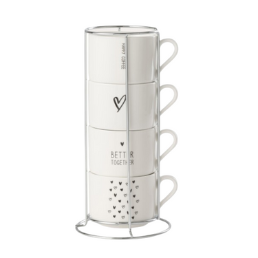 Set 4 Tazze Caffè San Valentino in Ceramica Bianca e Nera con Supporto