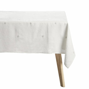  Tovaglia in lino decorata con ricami argento raffinati