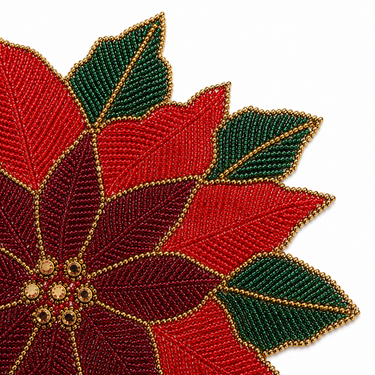 Centrino natalizio in perline raffigurante una poinsettia rossa, ideale per decorare la tavola delle feste