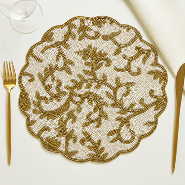 Tovaglietta Broccata Damasque 35x35 cm in Cotone e Perline Bianco e Oro - Viron