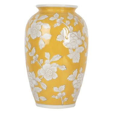 Vaso floreale in ceramica gialla decorazione bianca