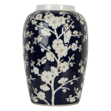 Vaso Decorativo 27 cm in Ceramica blu con Fiori Bianchi