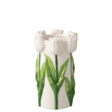 Portafiori floreale con tulipani bianchi in ceramica su sfondo neutro