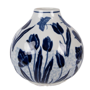 Vaso floreale in ceramica blu con decorazione bianca