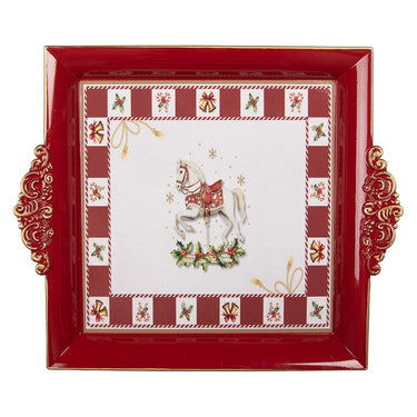 Vassoi natalizi decorativi rosso e oro con manici e motivo cavallo vintage