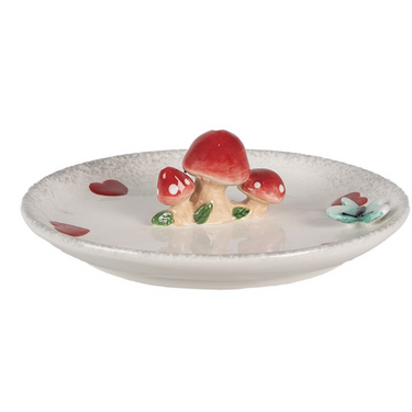 Vassoio Decorativo in Ceramica con Funghi e Cuori Ø 21 cm per la Tavola