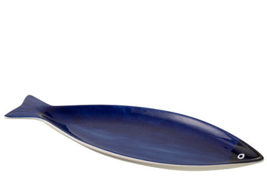 vassoio e ciotole blu design pesce su tavolo in legno stile moderno